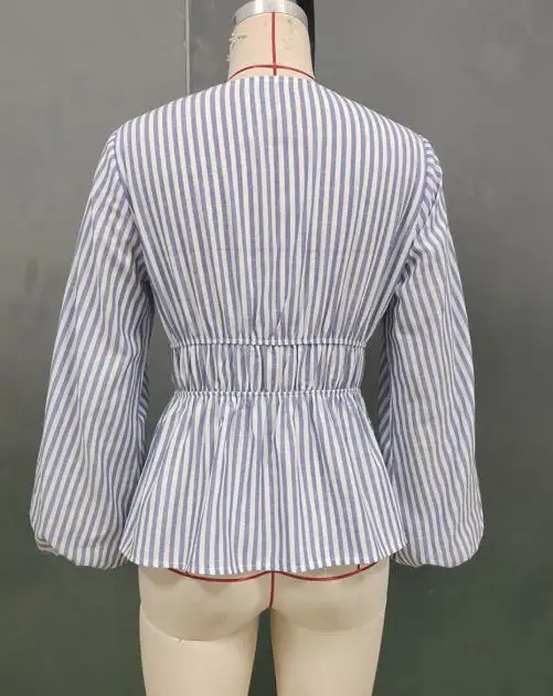 

Autumn 2025 New Striped Shirt Long Sleeved Lace Up Shirt Deep V-Neck Striped Printed Lantern Sleeve Women's Sexy Chiffon Shirt