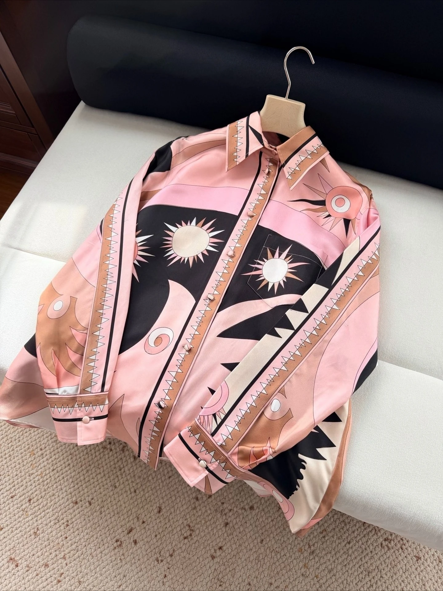 

Pink Black Sun Print Long Sleeve Blouse Tops and Pants Set