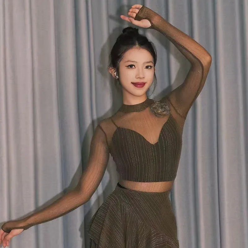 

Оригинальная одежда для латинских танцев по индивидуальному заказу, женский и взрослый серебряный шелковый сетчатый комбинезон, топ национального стандарта для современного танца