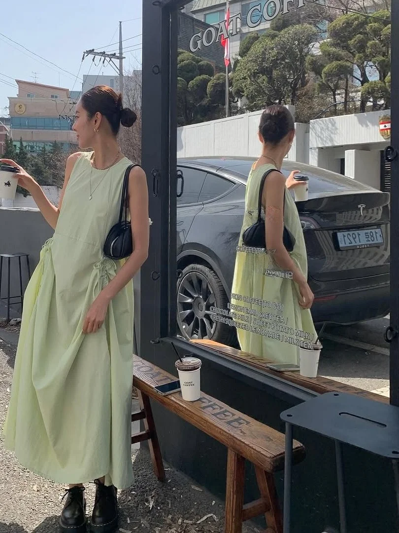 여름 민소매 드로스트링 원피스 여성용 프레시 스타일 루즈핏 A라인 한국 스타일 미디 기장 스커트 캐주얼 편안한 베스트 원피스