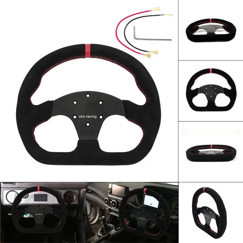 AS57-Black Flat D Shape Suede Leather Steering Wheel Universal 325Mm/12.8 Inch 70Mm-PCD For Most Vehicles& Sim Racing Games