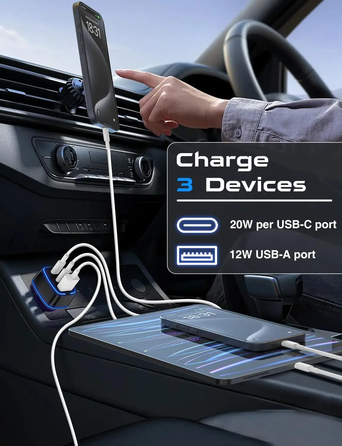 USB C Car Charger, 3 Port PD Super Mini Cigarette Lighter Adapter, 2Pack USB-C  A Fast Car Charging for iPhone 16/15 Pro Max, Galaxy S25/S24, iPad, Pixel, Android Phones,Travel Essentials for Men view 5