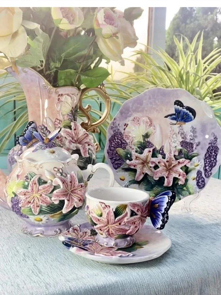 European Lily Ceramic Teapot Coffee Cup Tea Flower Home Decoration 3D Decorative plate wedding birthday gift