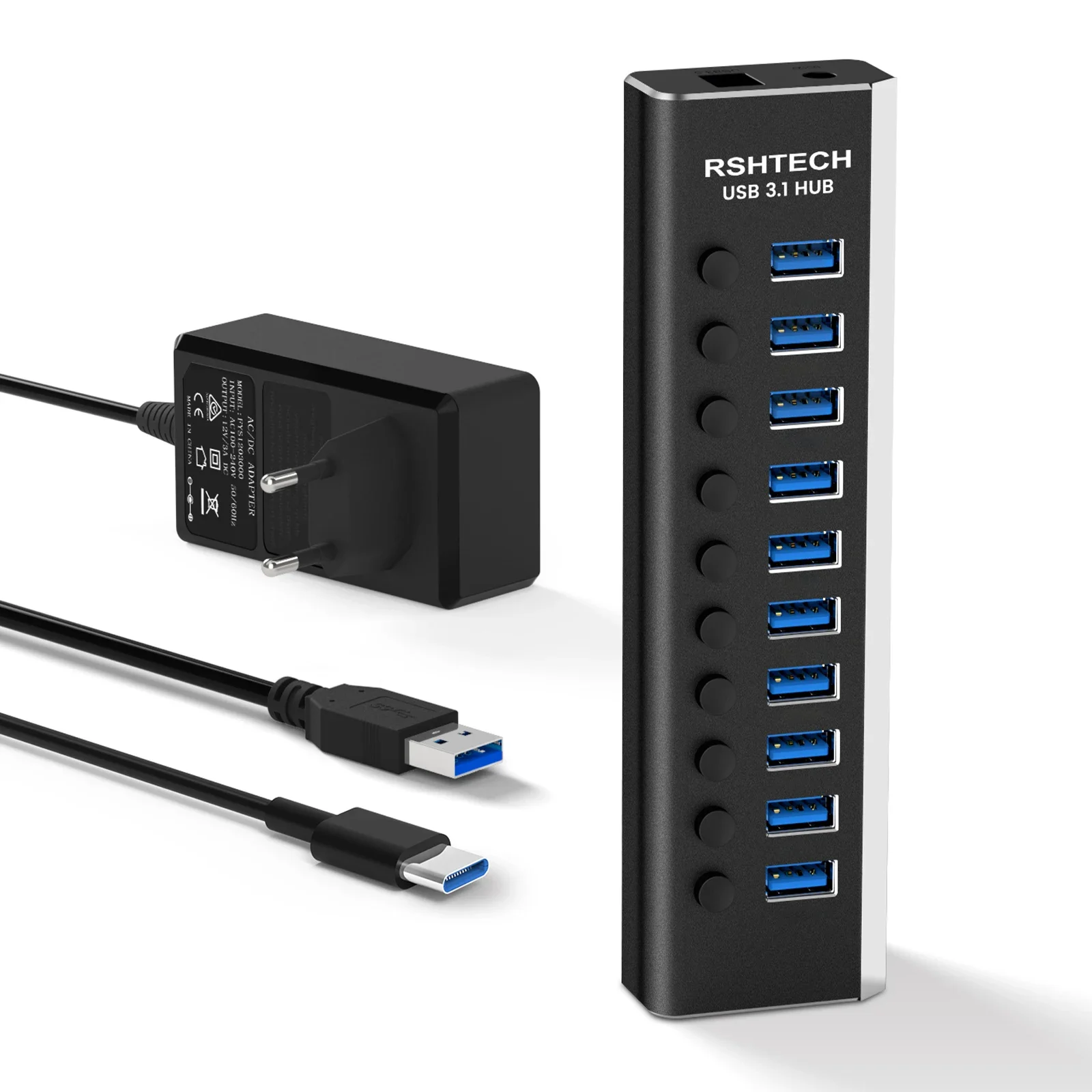 RSHTECH USB Hub 3.1 with Individual on/Off Switches 10-Port 10Gbps Data Transfer Splitter 12V/3A USB Extension Hubs for Laptop