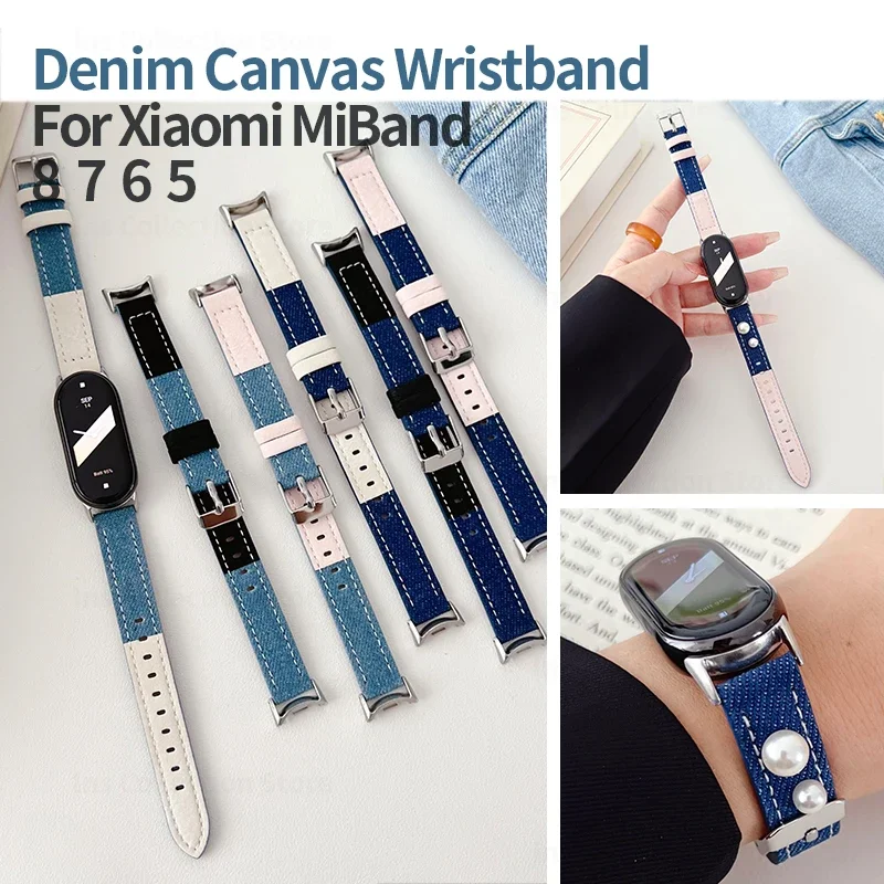 

Korean Denim Leather Strap for Miband 8 Pearl Bracelet for Xiaomi Mi Band 8 7 6 5 Casual Sports SmartWatch Replacement Wristband