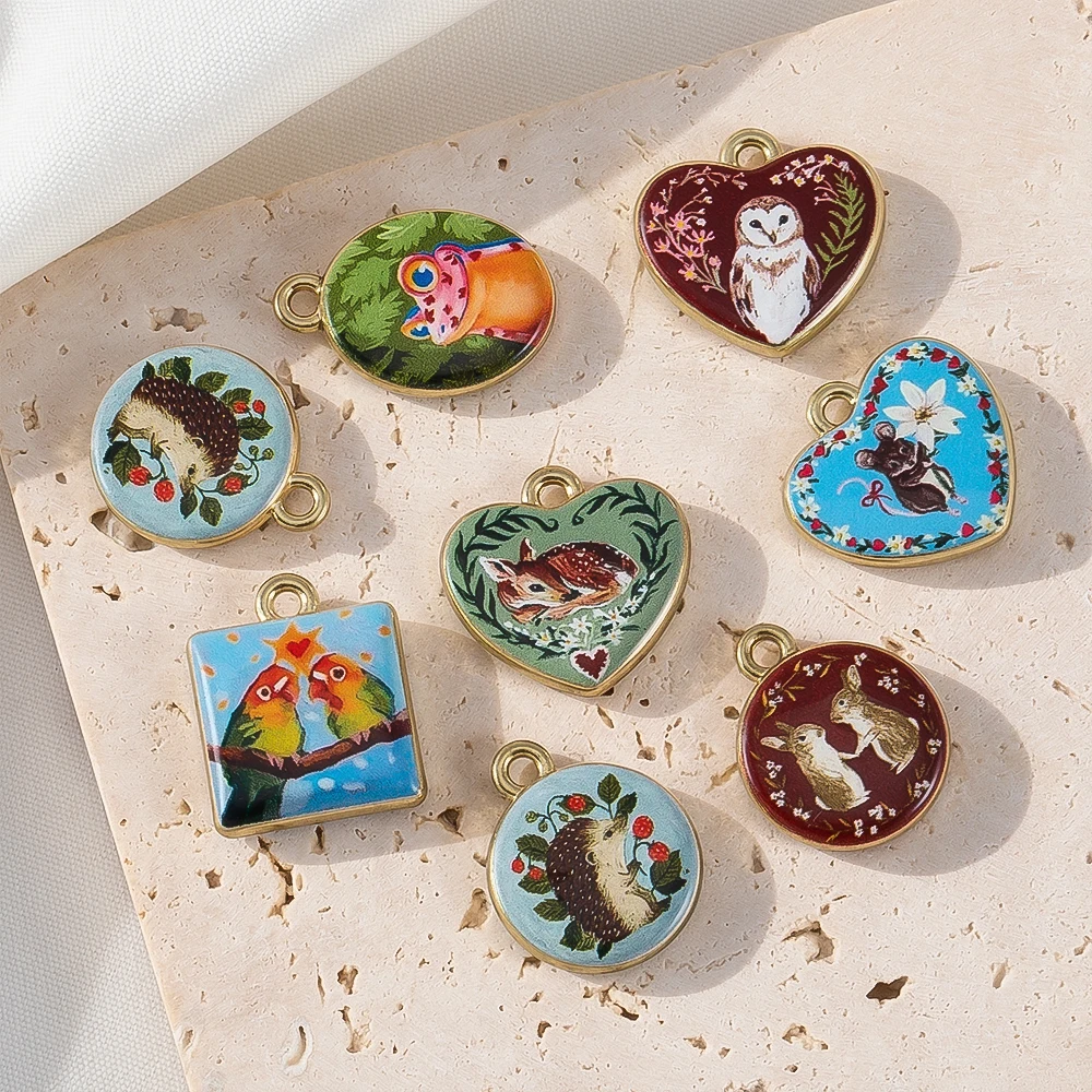 5pcs/lot Vintage Style UV Printing Animal Heart Mushroom Pendants For DIY Jewelry Making Earrings Necklaces Crafts Wholesale