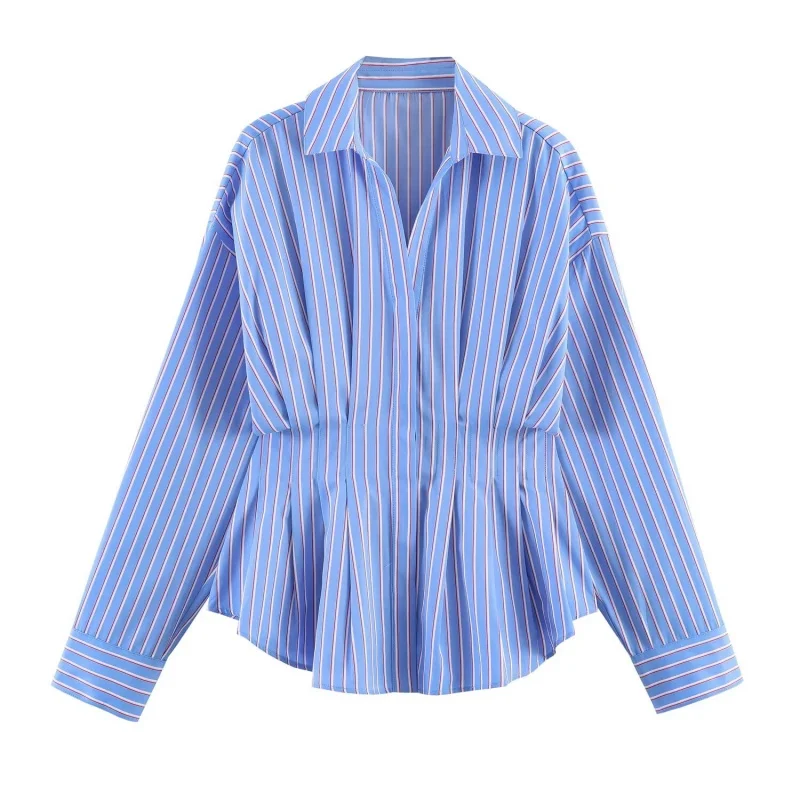 

All Season Turn-down Collar Long Sleeve Loose Poplin Shirts Women Striped Pleated Waist-Cinching Blouses Female Casual Wear 2026