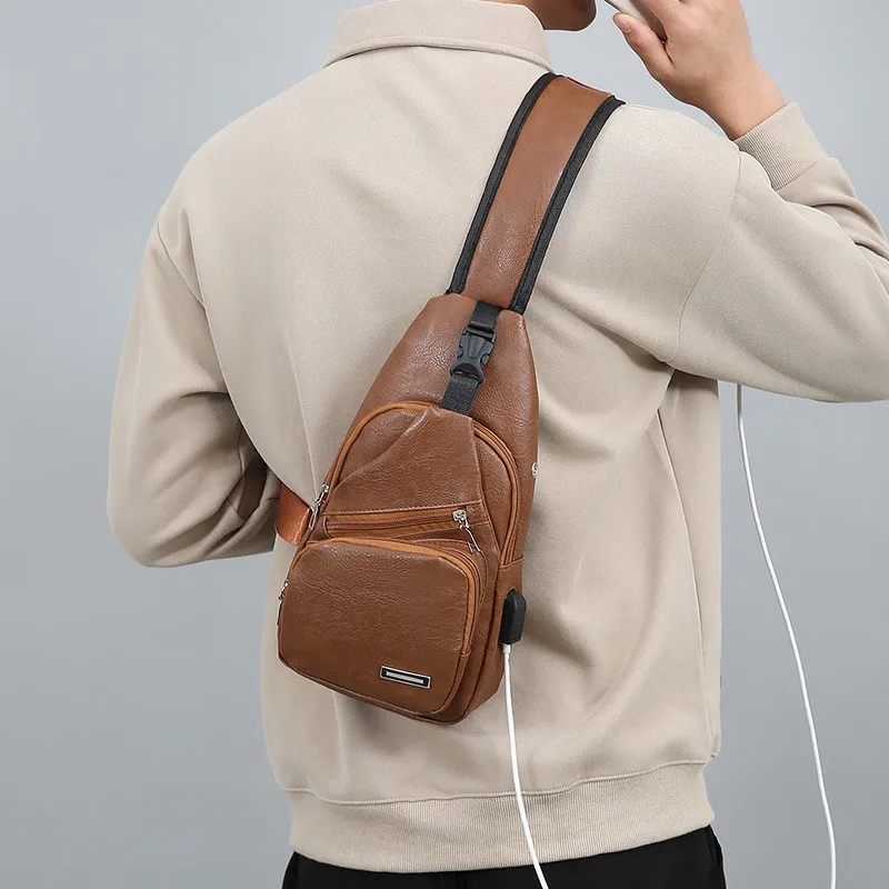 Bolso de pecho de Pu para hombre, bolsa de mensajero informal de gran capacidad, portátil, deportiva, Simple, Color sólido