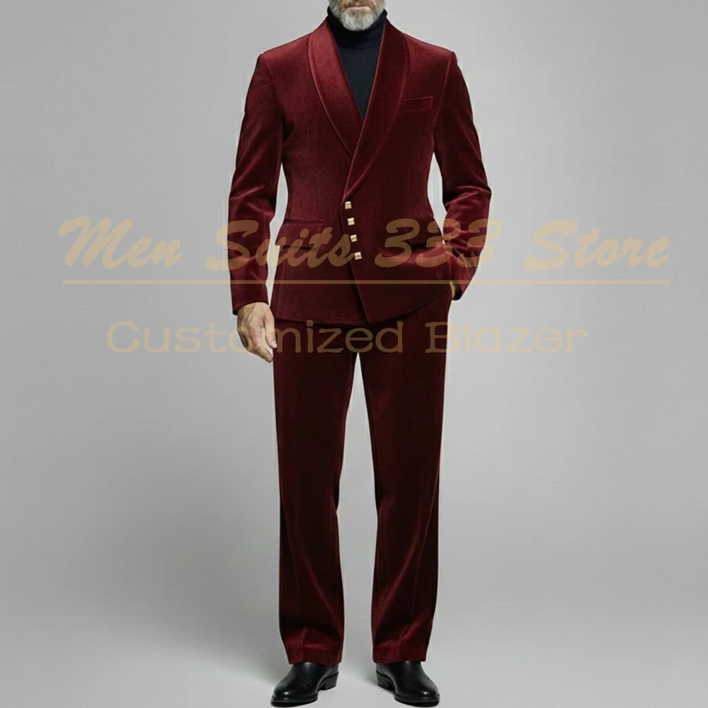

Luxury Burgundy Velvet Men's Suits 2 Piece Jacket Pants Full Sets High Quality Male Clothing Customzied Male Outfits Blazer