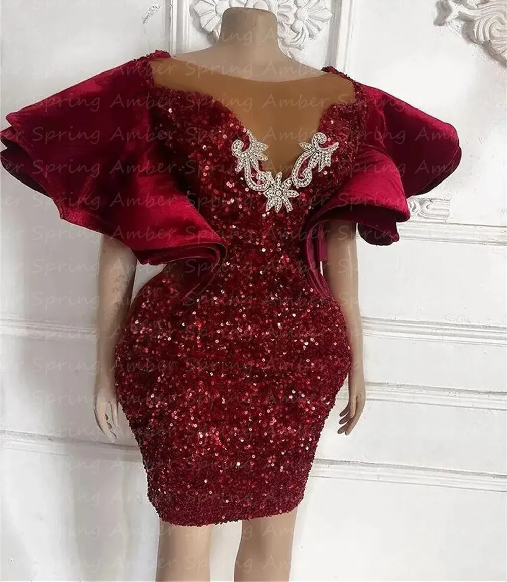 

Charming Women Short Prom Dresses Burgundy Sequins Velevt Formal Evening Gowns African Wedding Guest Robe Aso Ebi Maxi