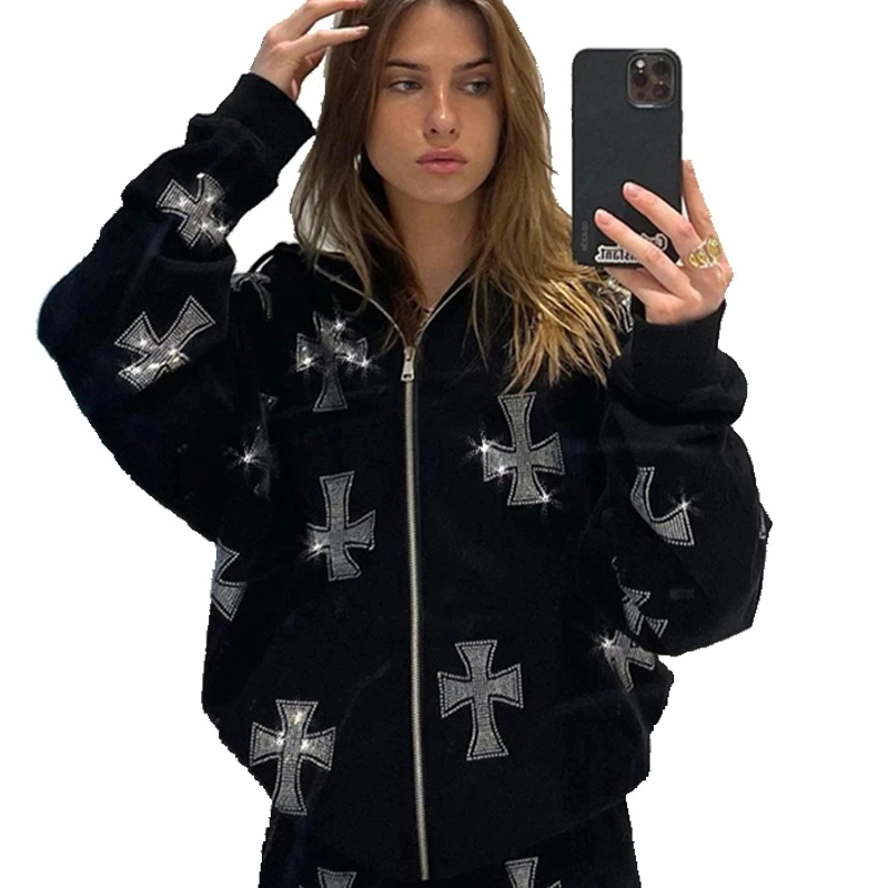 Women's Jacket Spring 2022 ​Men's clothing Y2k Oversize Hoodies Rhinestones Hooded Hoodie Wlothes Harajuku Anime Fleece Pullover