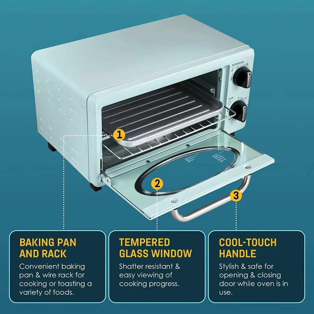 New Collection Retro 2-Slice Toaster Oven, Mint, Convenient Adjustable Temperature and Timer, 3 Position Rack and Baking Tray