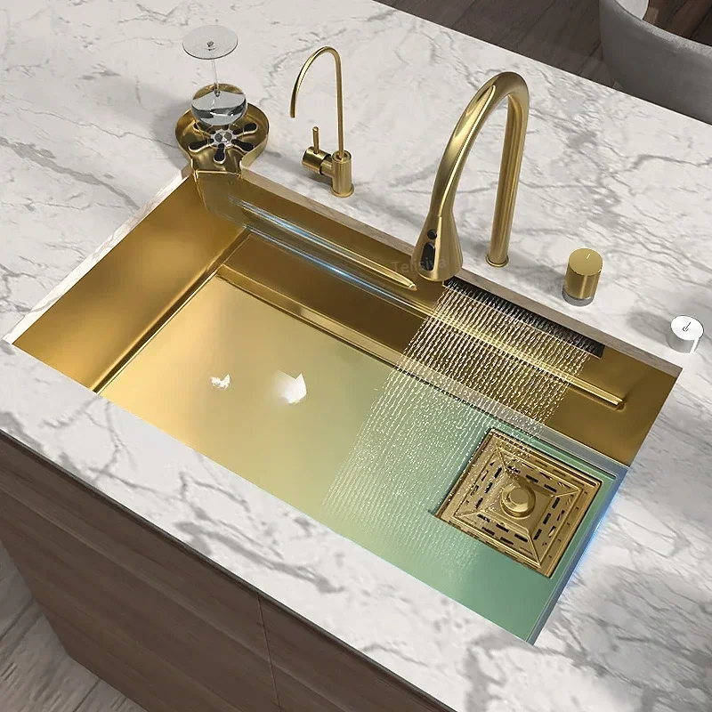 

Waterfall Kitchen Sink Gold Stainless Steel Sink Large Single Slot Multifunctional Golden Wash Basin For Kitchen