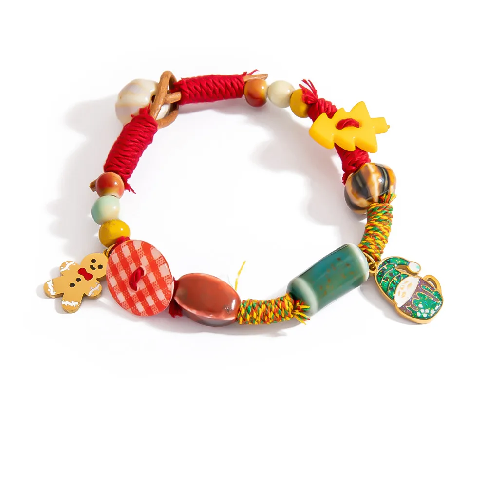 

Christmas Gifts Santa Claus Reindeer Tree Snowflake Gift Box Snowman Bamboo Beaded Bangle for Women Jewelry Gift