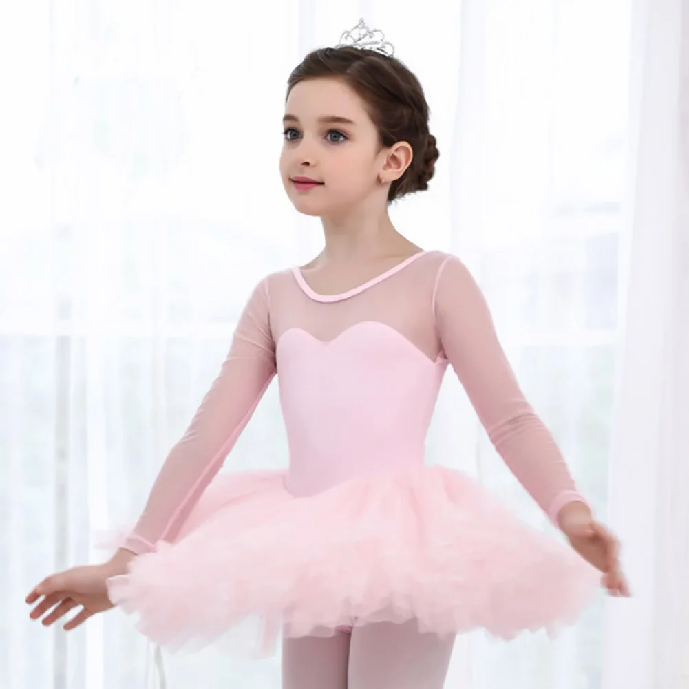 Kids Girls Latin Dance Dress Long-sleeved Sweet Girls Practice Dress For Kids Ballet Performance Stage Costume