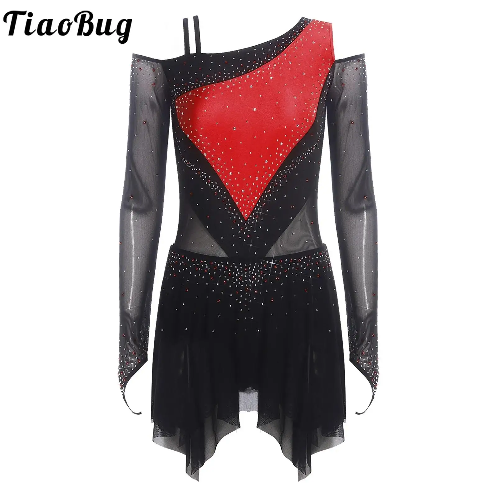 Donne Pattinaggio di Figura Ginnastica Ritmica Body Vestito Asimmetrico Diviso Lucido Strass Vestito Ballerina Costume di Ballo Lirico