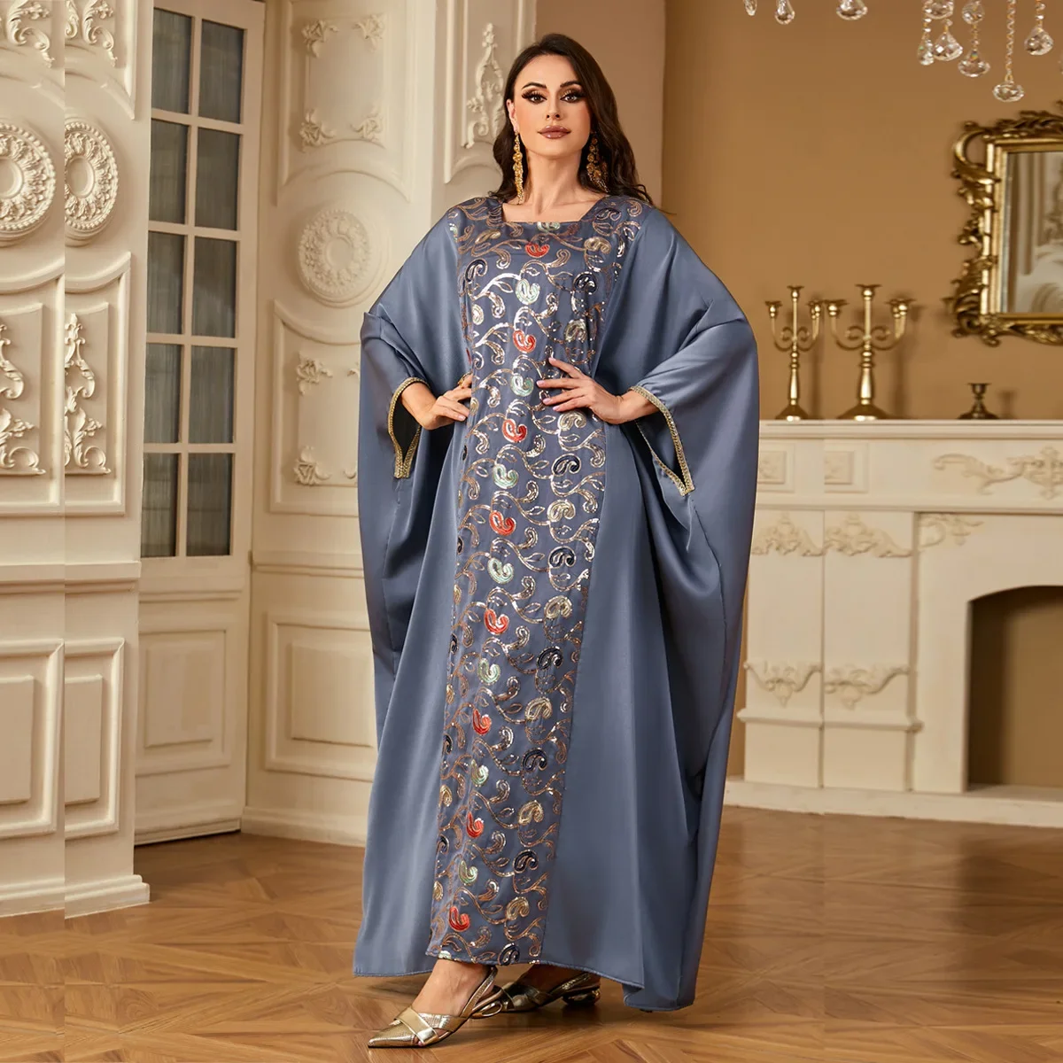 

Women Muslim Dress Loose Turkey Embroidery Blue Robe Batwing long Sleeve Dubai Casual Party Islamic Clothing 2025 Loose Caftan
