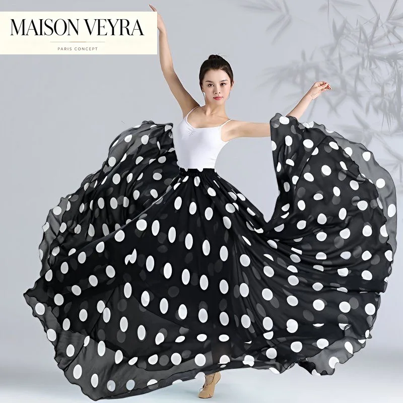 Falda de cintura alta para danza clásica de 360-720 grados, ropa de baile flamenco, falda con estampado de lunares, traje para actuación en escenario