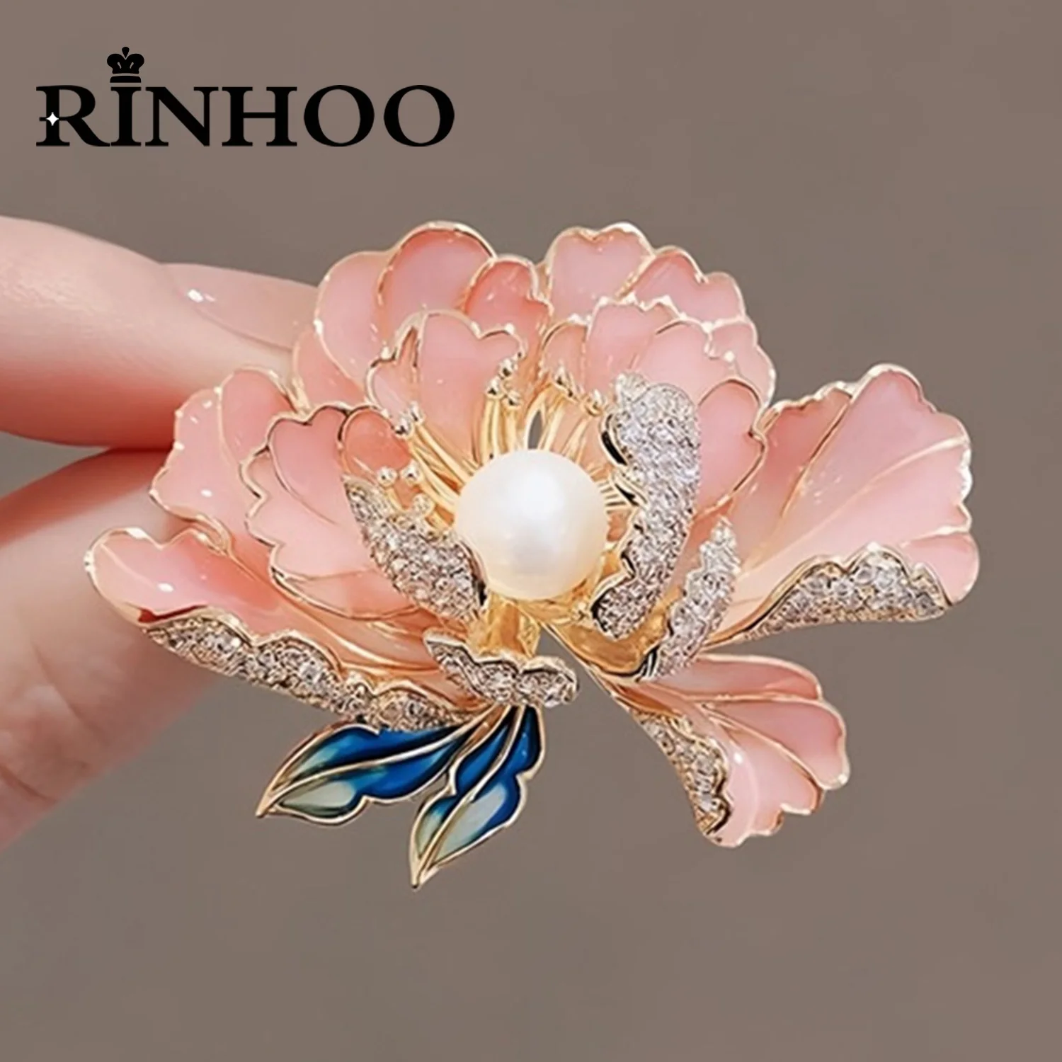 Rinhoo-Broche Flor Peônia Rosa e Azul para Mulheres, Pérola Imitação de Luxo, Pinos Floral, Emblema Esmalte da Planta, Joia Senhora Elegante