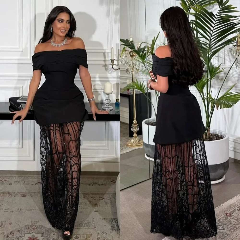 Customized Sexy Casual Jersey Pleat Ruched Beading Sequined A-line Off-the-shoulder Long Dresses Bespoke Occasion Dresses Retro