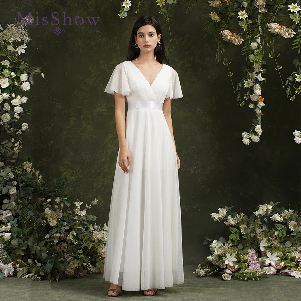 

MisShow Simple White Wedding Dresses Summer Flare Sleeve Ribbon Belt Loose Long Beach Tulle Dress for Women Vestidos Largo