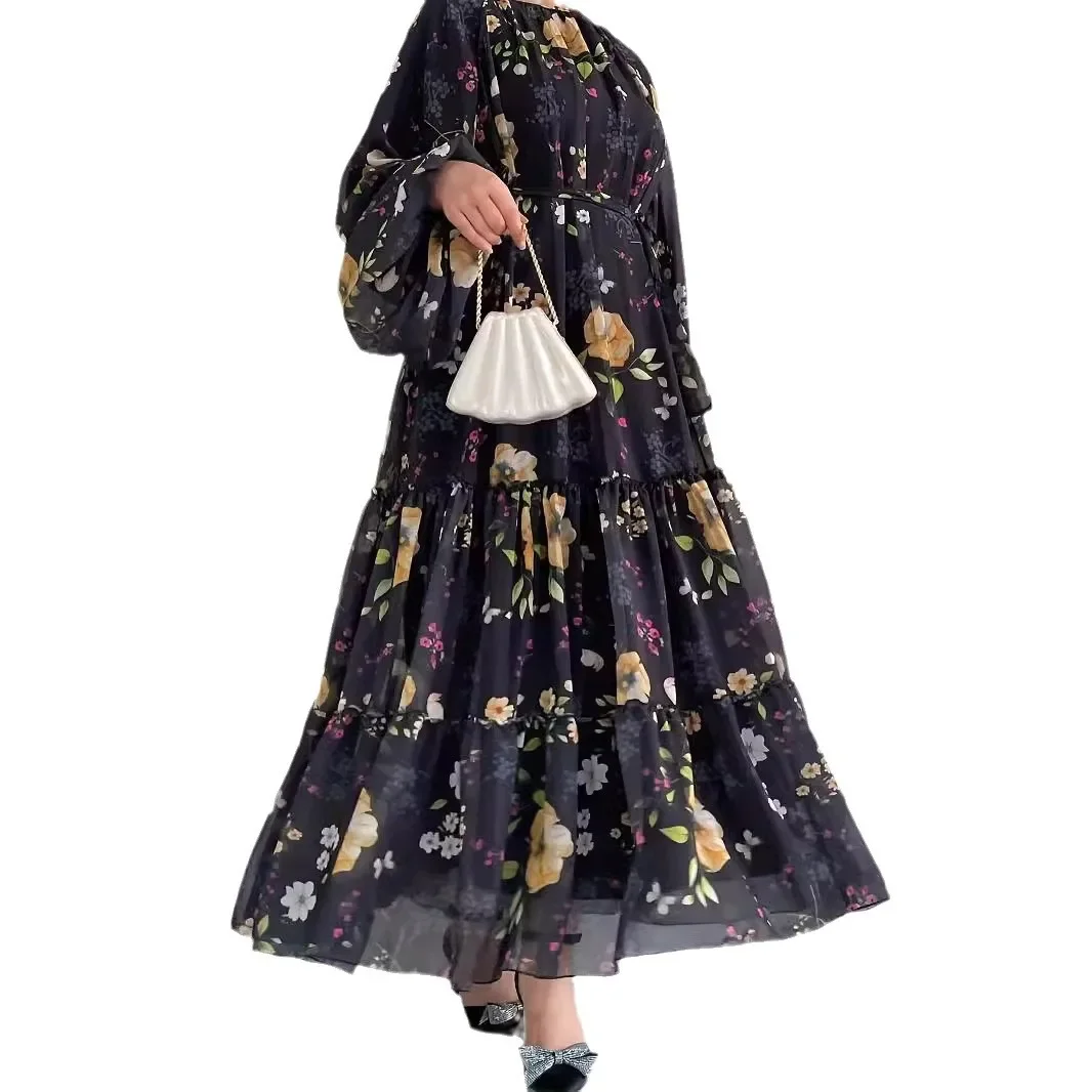 Moroccan Kaftan Abaya Women Long Robe Flower Print Dresses Sashes Eid Muslim Ramadan Dubai Saudi Jalabiya Abayas Islam Vestidos