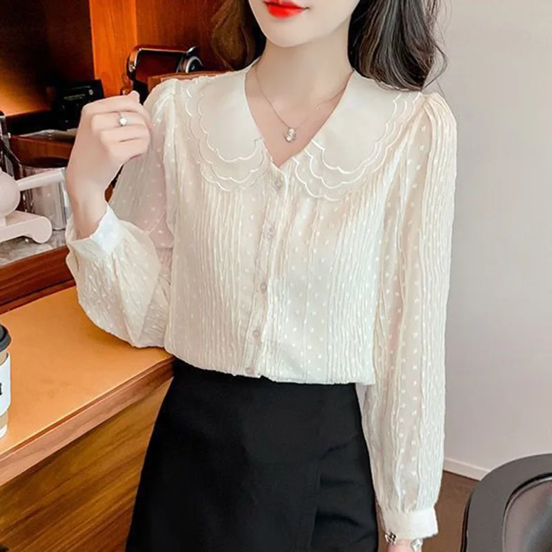 Sweet Peter Pan Collar Spliced Loose Ruffles Shirt Female Clothing 2023 Autumn New Casual Tops Solid Color Office Lady Blouse