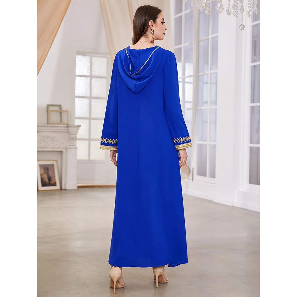 Imagem -02 - Gulf Marroquino Abayas Eid Vestido Longo para Mulher Azul Real Dubai Luxo Ouro Bordado Kaftan Caftan Marocain Abaya