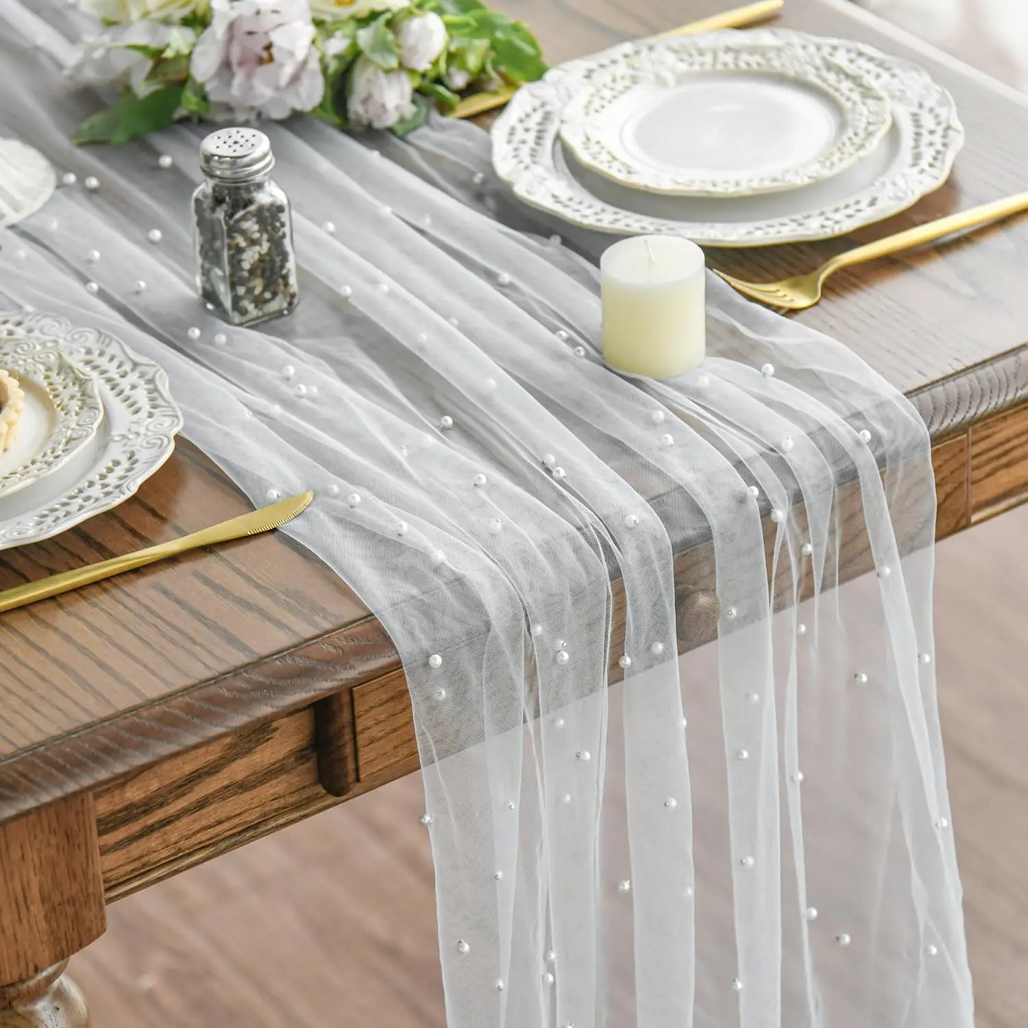 

Pearl Wedding Table Runner Decor Tulle Fabric Lace Tablecloth For Birthday Party Bridal Shower Wedding Arch Veil Decoration