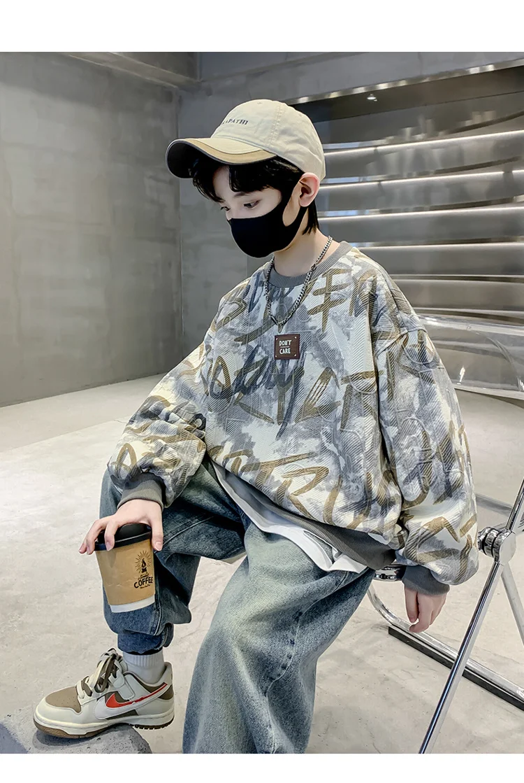 Neues Frühlings-Kinder-Baumwoll-Sweatshirt mit Schriftzug für Jungen, lässiges dickes T-Shirt-Outfit für Kinder im Alter von 5 6 7 8 9 10 11 12 13 14 Jahren. – Detail 7