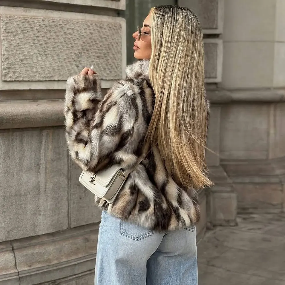 Winter Women's Fluffy Leopard Fur Jacket round Neck Short Faux-Fox Fur Coat Casual Thick Warm Plush Overcoat Korean Style