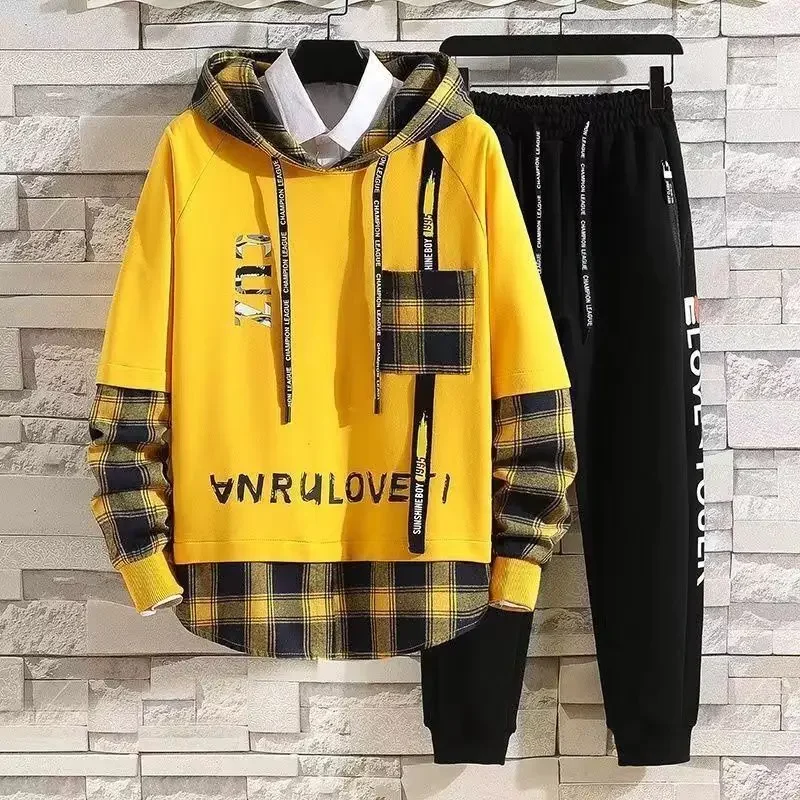 Sports Suits Jogging Male T Shirt Alphabet Pants Sets Hooded Clothes for Men Plaid Top Stylish Tracksuit Original Brands Cool S