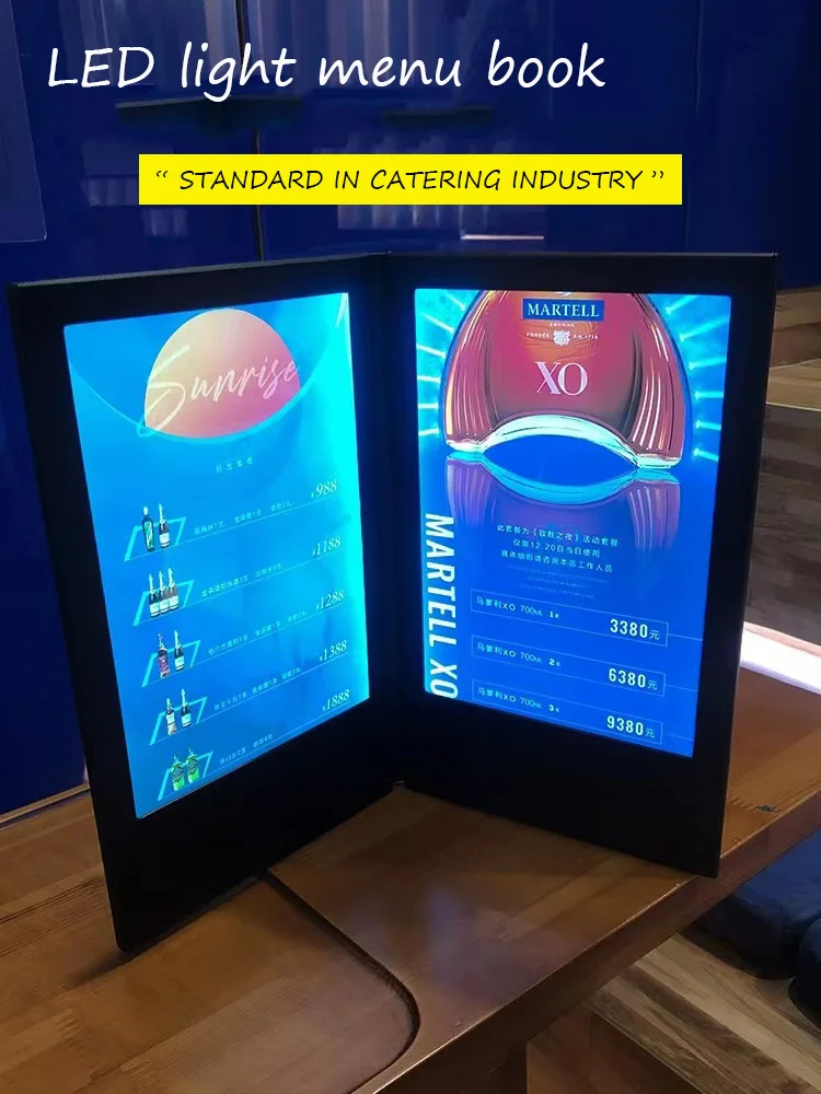 A4 Led Licht Menu Boek Oplaadbare Pagina-Draaiende Dubbele Kant Pu Lederen Display Voor Nachtclub Restaurants, Bier, Bar Winkel Café