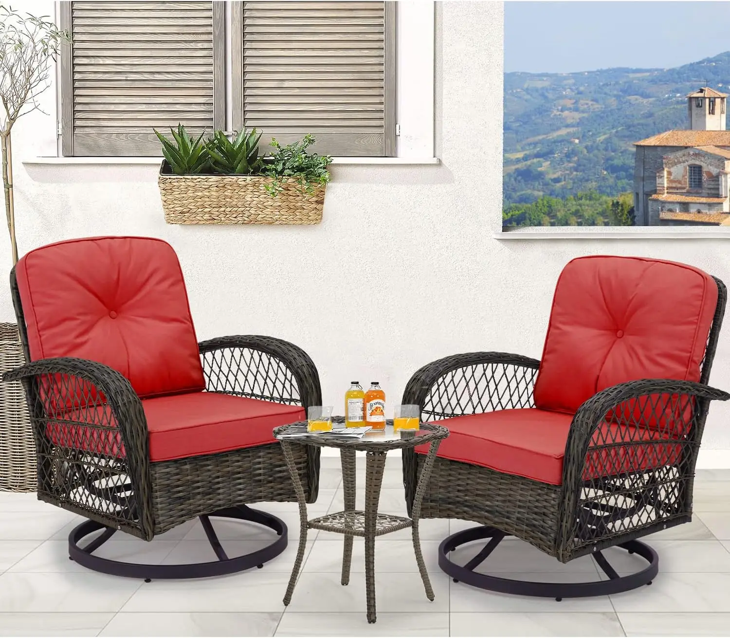 3 Pieces Outdoor Swivel Rocker Patio Chairs, 360 Degree Rocking Patio Conversation Set with Thickened Cushions and Glass Coffee