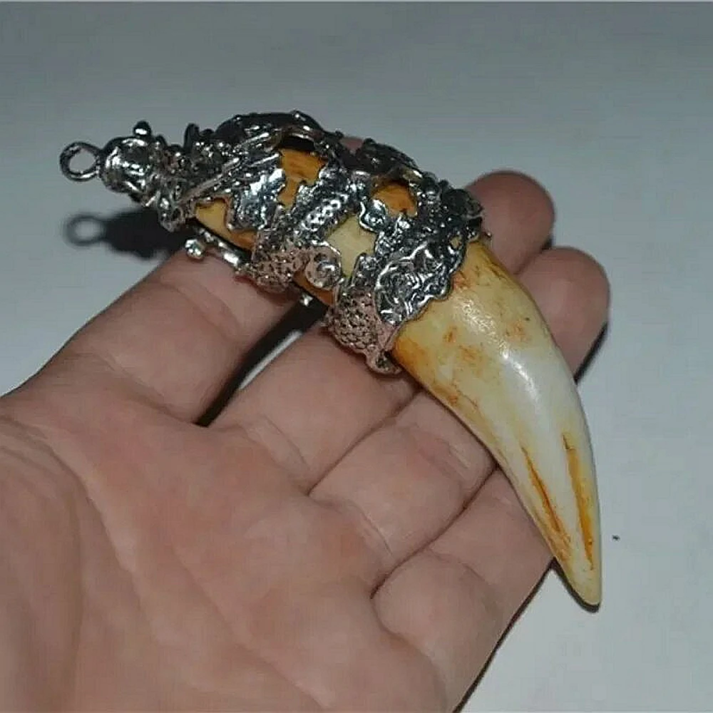 Exquisite  Antique Silver Inlaid Boar Tooth Silver Dragon Necklace Pendant Fashion Jewelry Men Women Couple party gifts