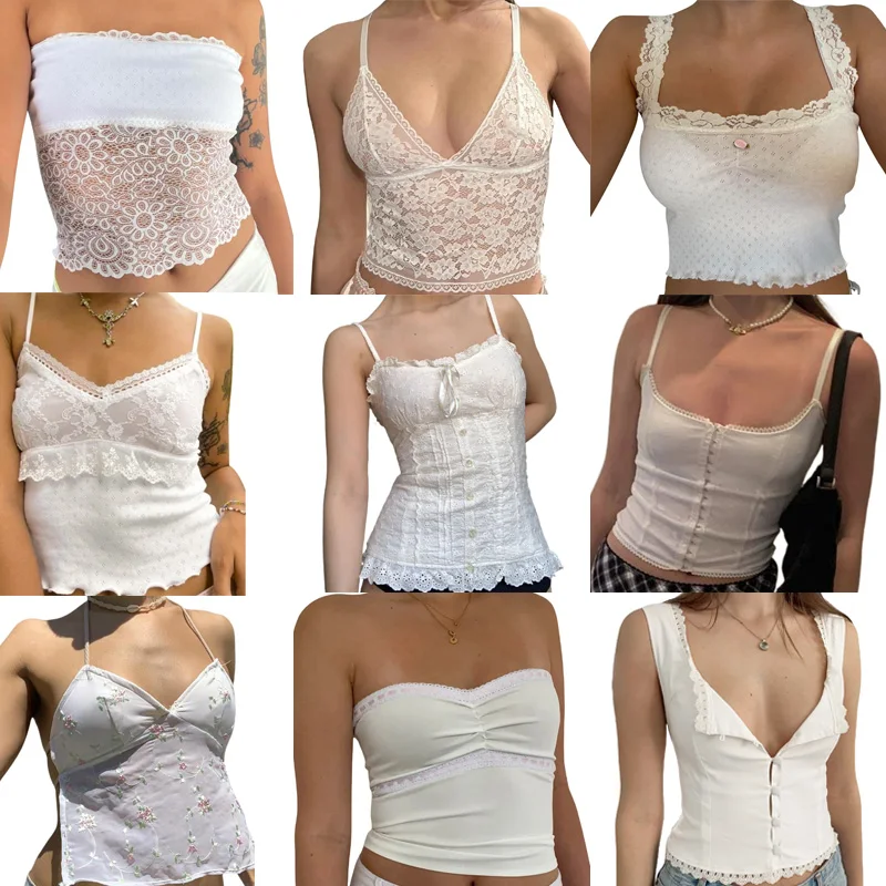 Maemukilabe Fairy Coquette Milkmaid Top Y2K Aesthetic White Lace Crop Top 90s Vintage Milkmaid Vest Chic Women Retro Streetwear