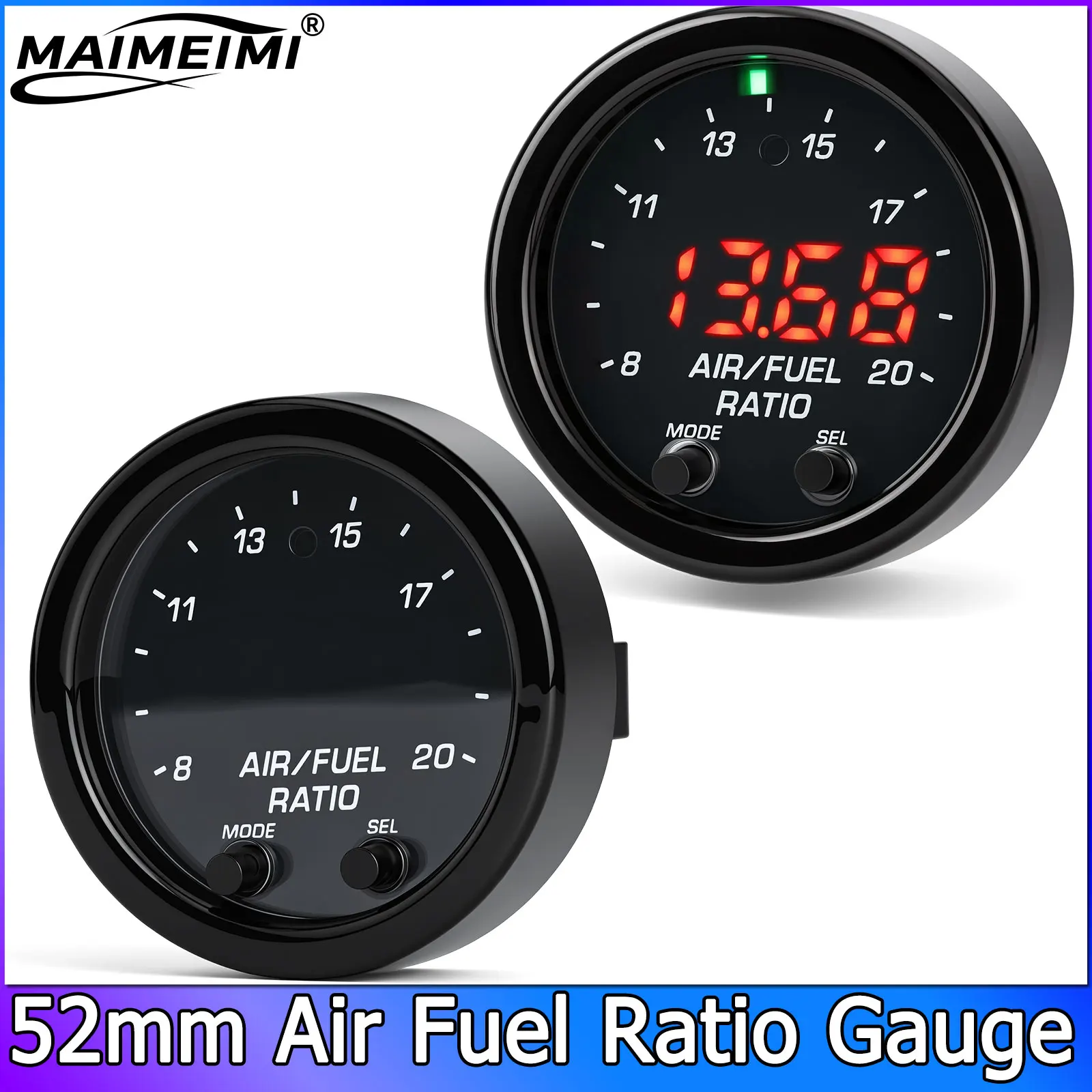QC 12V 52MM Air Fuel Ratio Gauge with Wideband O2 Oxygen Sensor Universal Ultra-Thin Round S-Serie LED Digital Display