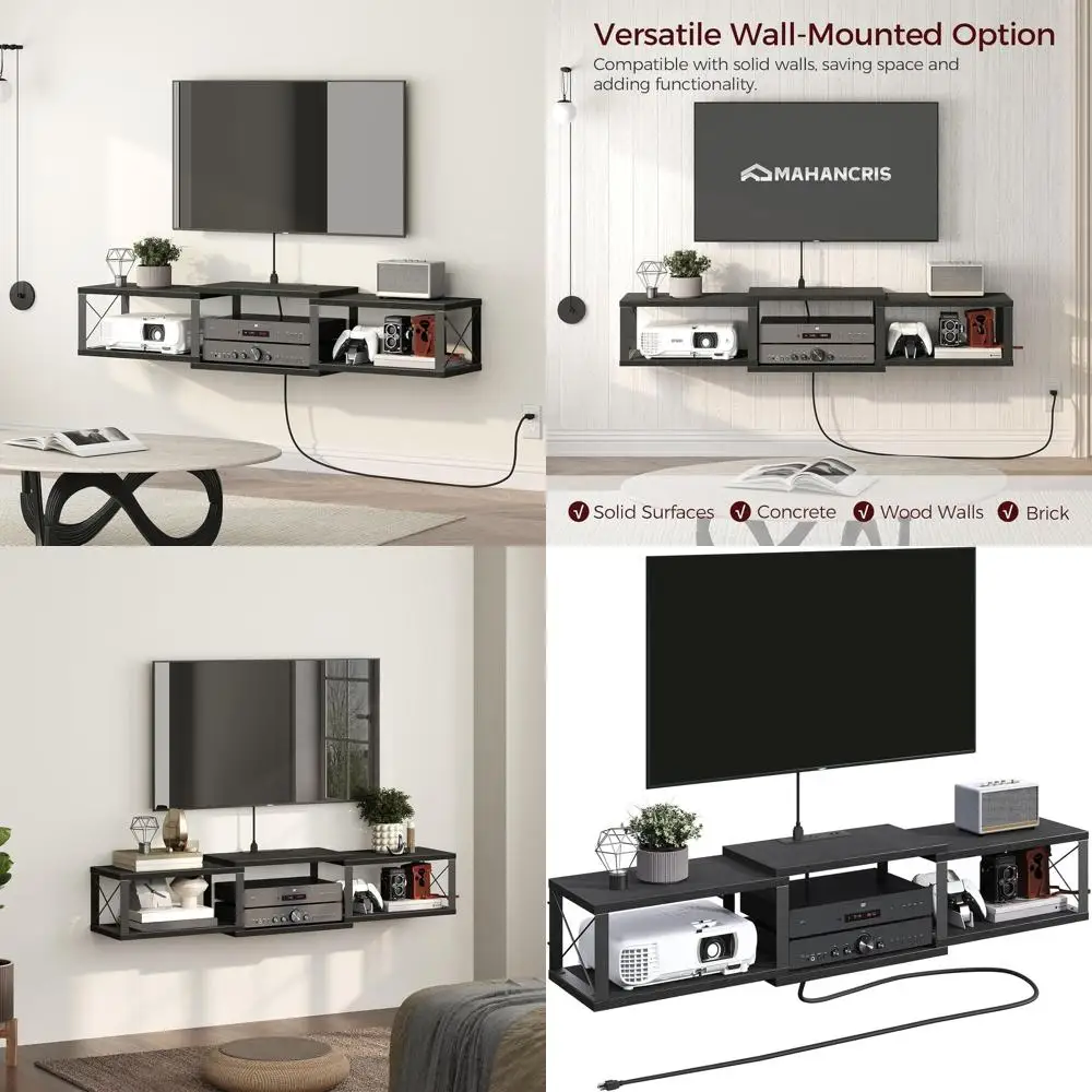 

43.7 Wall-Mounted Floating TV Stand with Outlet, Metal Media Console Shelf for TV Storage, Ideal for Living Room and Bedroom