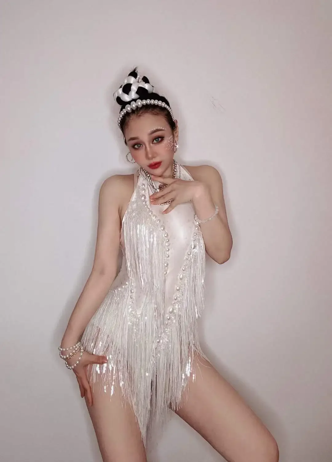 

Women Fringe Drag Queen Outfit Performance Show Clothing Sparkly White Dance Rhinestone Bodysuits