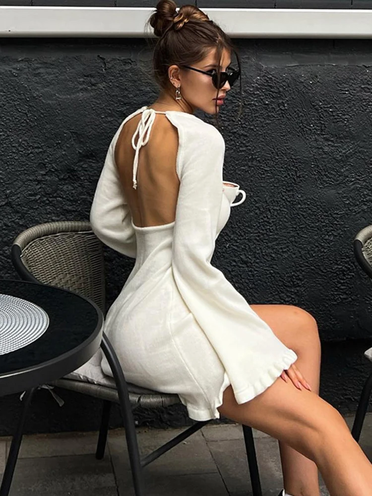 2024 Women Ins Style Sexy Backless Neck-hanging Long Sleeve Fishtail Dress Knit Beachwear Summer Swimsuit Bikini Cover-ups A2825