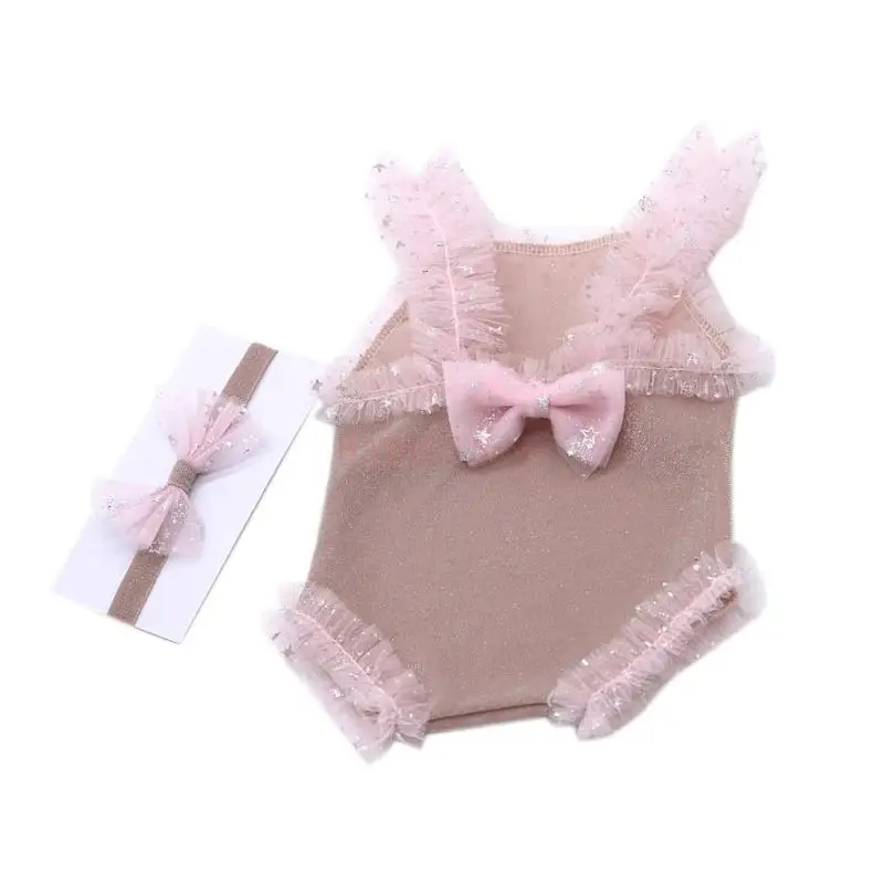 C9GB 2PCS Photoshooting Props for 0-1M Baby Girl Infant Photo Costume Bowknot Headband & Lace Dress Photography Posing Suit