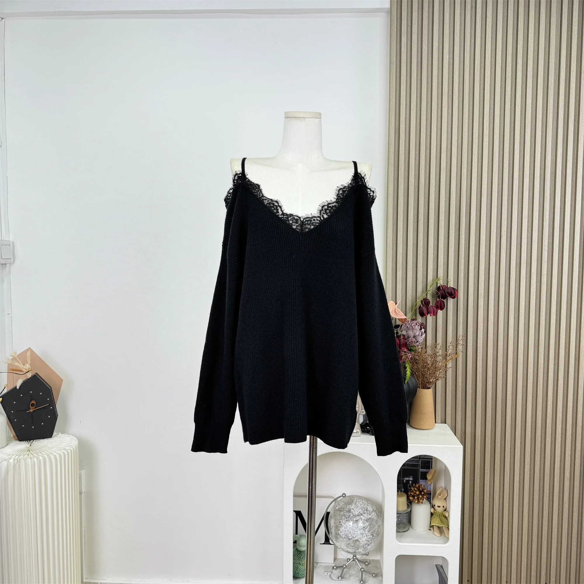 

Кружевной свитер, женская одежда, с открытыми плечами и длинными рукавами, Ropa Mujer, пуловер с v-образным вырезом, топы, женский осенне-зимний трикотаж F358