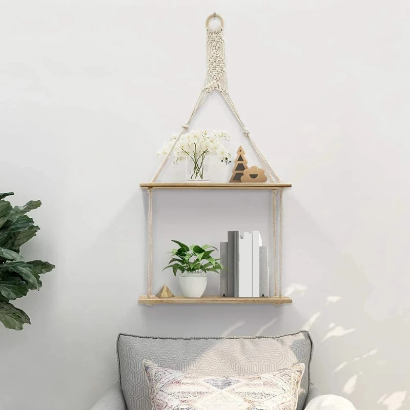 

1Pcs Wall Shelf Boho Plant Hanging Shelf Chic Decor 2 Tier Cotton Rope Floating Shelves Macrame For Bedroom Living Room