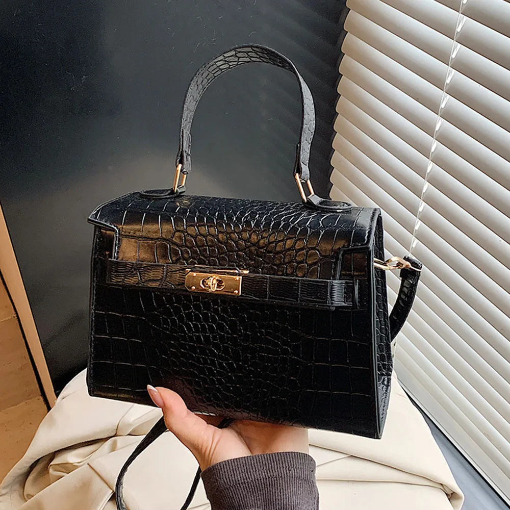 

Женская элегантная синтетическая сумочка с текстурой крокодила — маленькая квадратная сумка через плечо и портативная сумочка с фурнитурой золотого тона