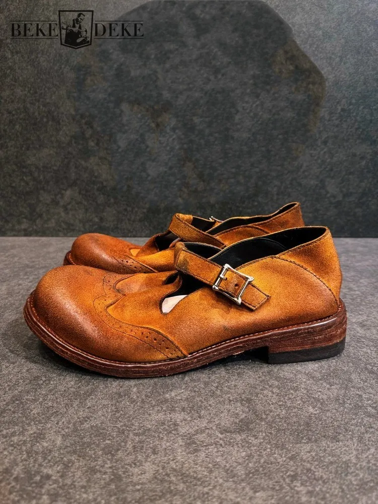 New Men Buckle Brown Cow Suede Leather Breathable Handmade High Quality Round Toe Platform Shoes Casual Footwear Casual Sandals