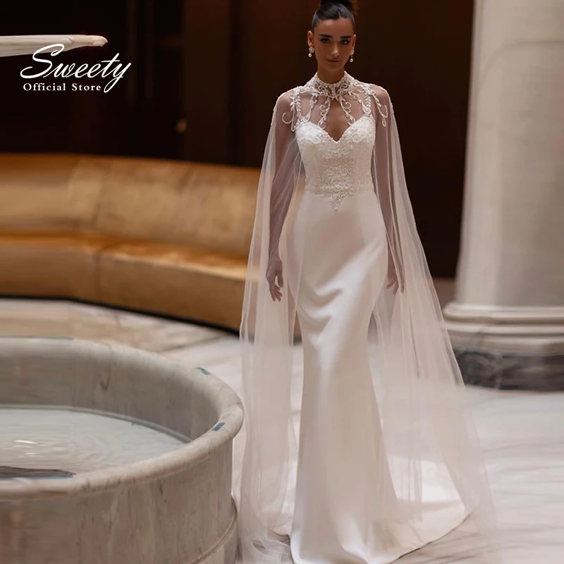 Elegantes Meerjungfrau-Brautkleid aus Satin mit Stickerei, schmal geschnittenes Ballkleid, V-Ausschnitt, ärmellos, individuell anpassbar mit hochgeschlossenem Schal