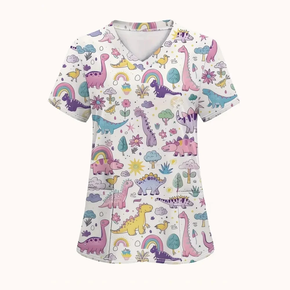 Women's Scrub Cute Dinosaur Print Fashion Animal Cartoon Vet V-Neck Short Sleeve Nurse Tops Casual Dental Clinical Uniform Woman