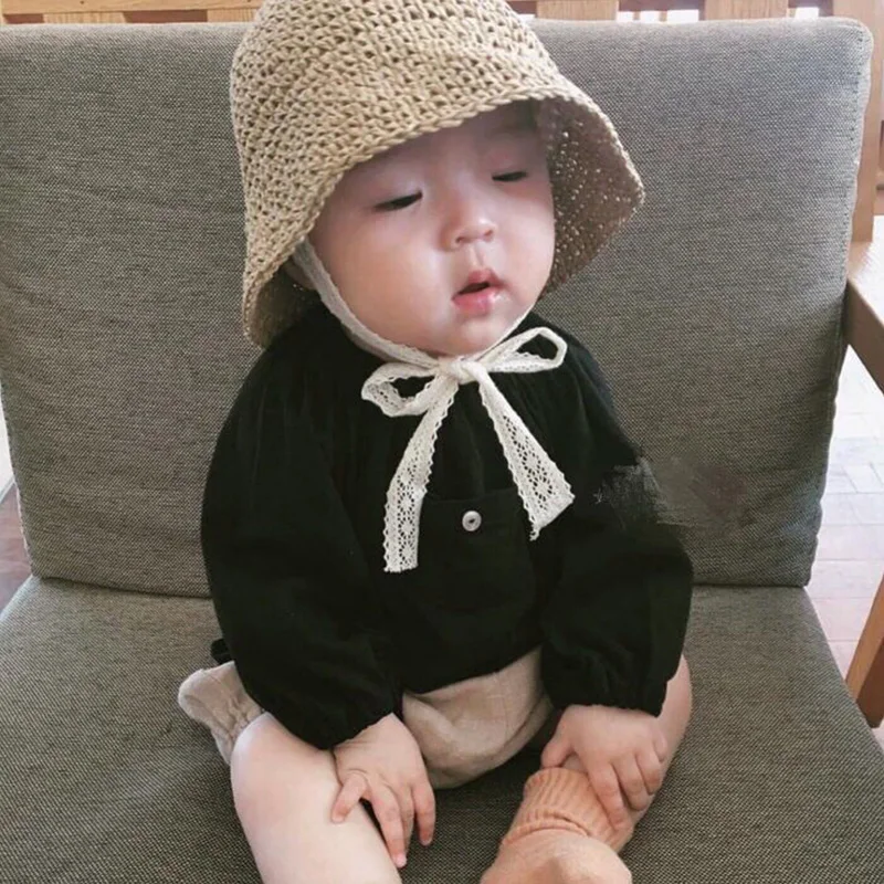 Summer children\'s straw hat ins baby lace lace straw hat Korean baby sun protection hat girls fisherman hat