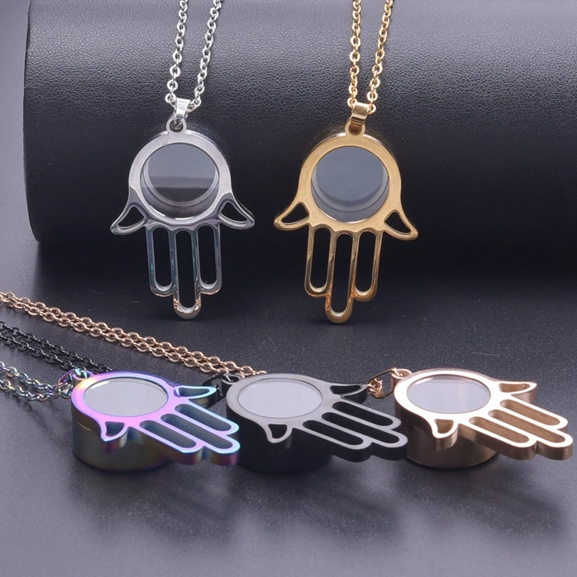 10Pcs/Lot Stainless Steel Lucky Hamsa Fatima Hand Personalised Floating Living Picture Locket Pendant Necklaces Jewelry Bulk