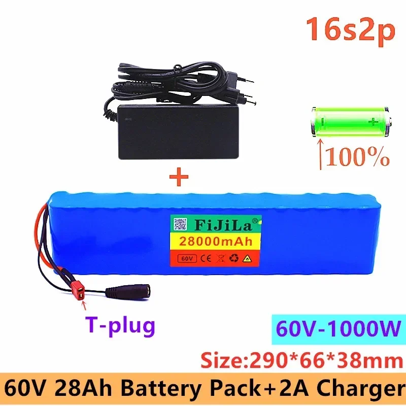 

New 60V 16S2P 28Ah 18650 Li-ion Battery 67.2V 28000mAh Ebike Electric Bicycle Scooter With BMS 1000Watt xt60 Plug With+ Charger